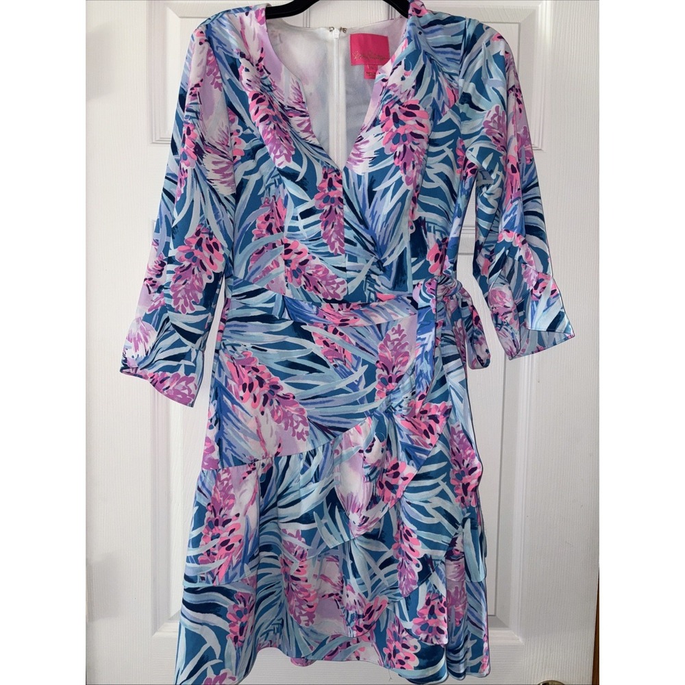 Lilly‎ Pulitzer Laeda Wrap Stretch Dress Womens S Floral Ruffles Resort Summer
